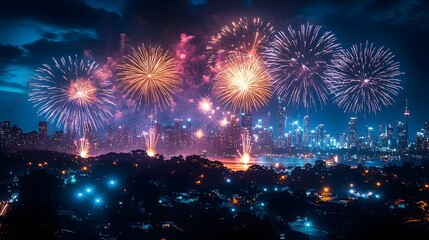 Vibrant Australia Day fireworks lighting up the city skyline, wide rooftop view capturing the festive energy