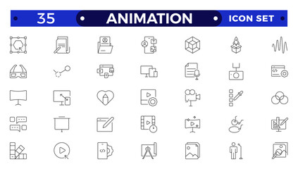 Animation icon outline set. Containing movement, Motion, speed, swing, dynamic, position, acceleration, running, rotation, bounce and motion sensor icons.