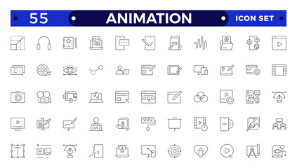 Animation icon outline set. Containing movement, Motion, speed, swing, dynamic, position, acceleration, running, rotation, bounce and motion sensor icons.