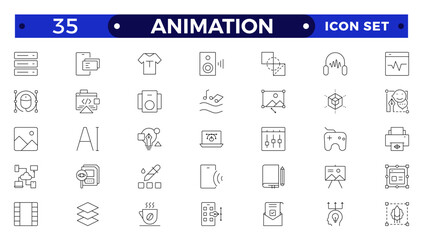 Animation icon outline set. Containing movement, Motion, speed, swing, dynamic, position, acceleration, running, rotation, bounce and motion sensor icons.