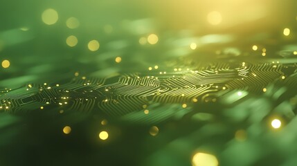 Naklejka premium Abstract Green Circuit Board Technology Background Golden Lines Digital Futuristic Ne