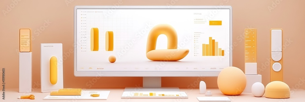 Poster a minimalist workspace featuring a computer and various geometric shapes in warm colors.