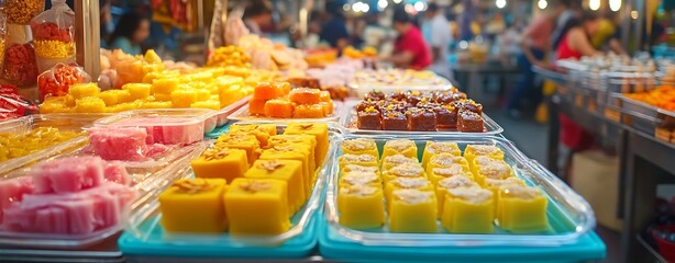 Thai Dessert Delights, Colorful Thai Dessert Scene at a Busy Market