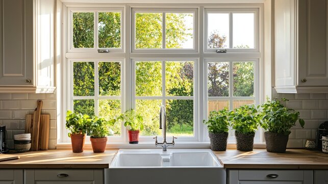 Fototapeta A kitchen with a large window over the sink, offering a view of a sunny garden outside.