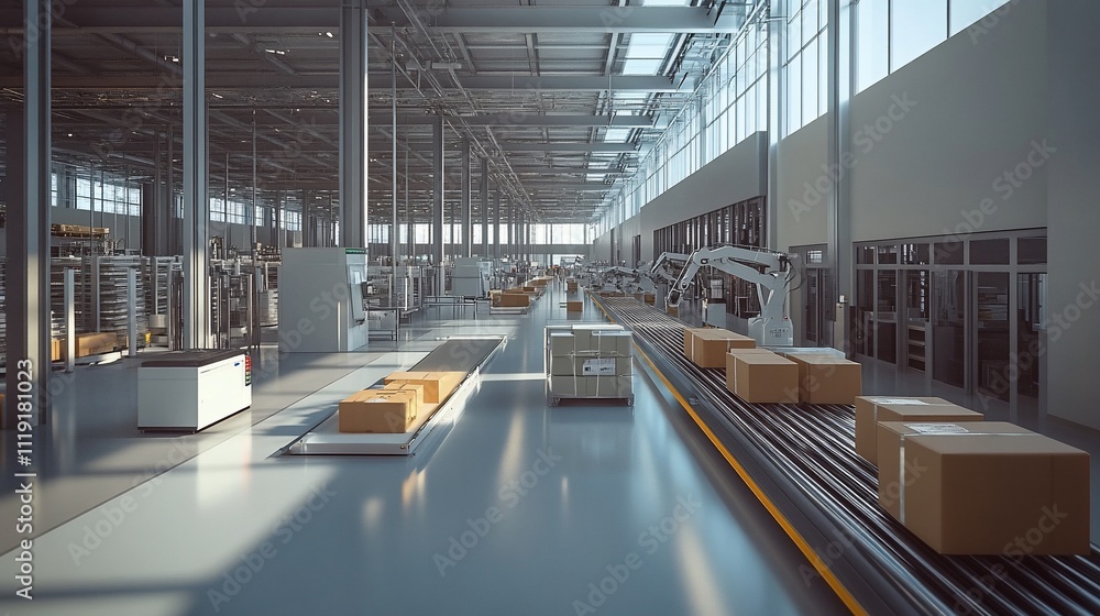 Poster automated factory warehouse with conveyor belts and robots moving boxes.