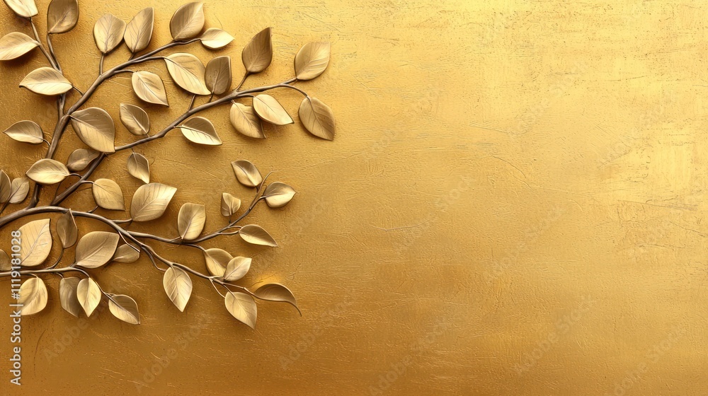 Poster a textured golden background features a delicate branch with metallic leaves, creating an elegant an