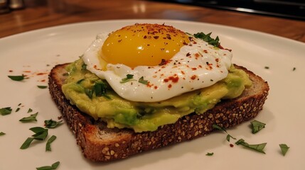25.A beautifully plated avocado sandwich topped with a perfectly poached egg, resting on a white plate. The creamy mashed avocado is spread over toasted whole grain bread, and the egg yolk is just