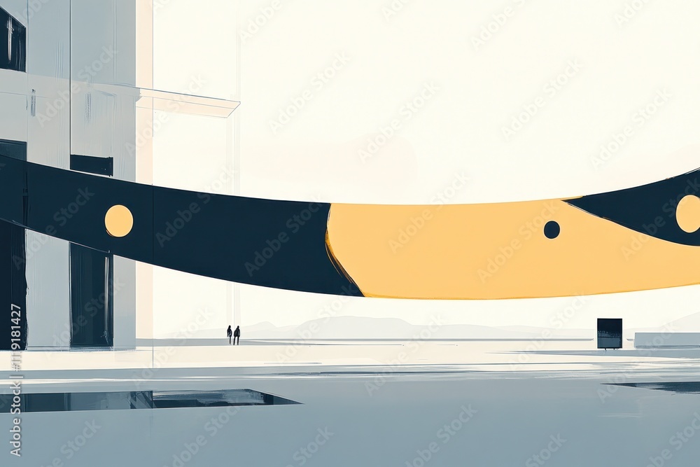 Poster a minimalist architectural scene featuring a large, abstract ribbon-like structure.