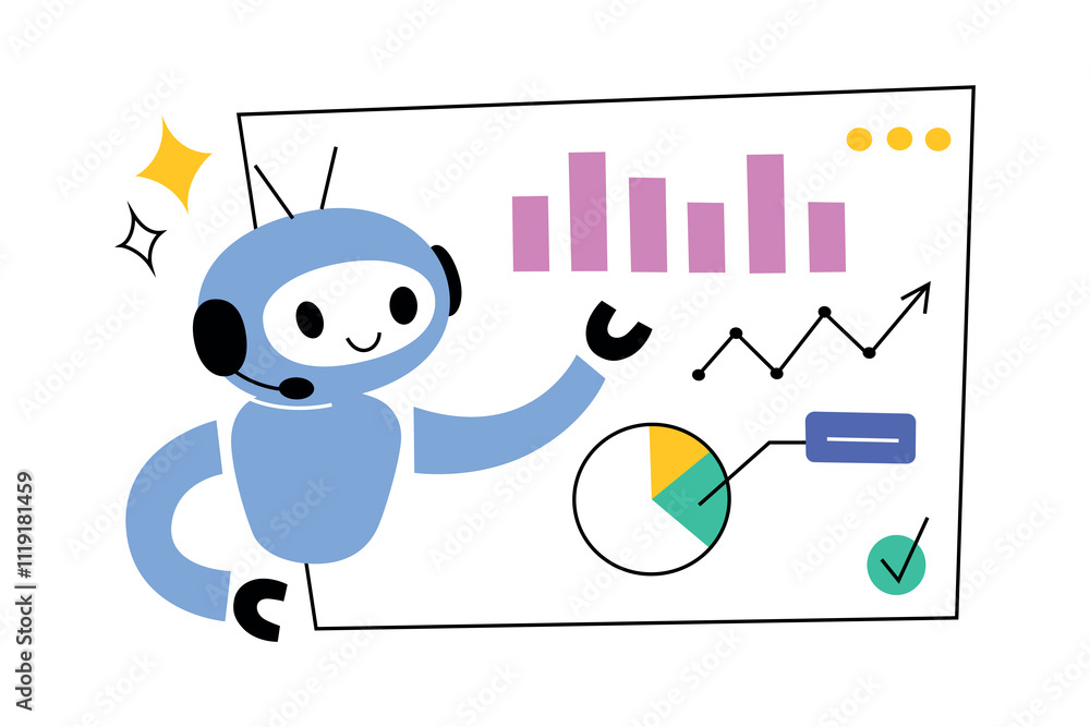 Aufkleber cartoon vector illustration of robot presenting data, statistics, charts and diagrams. artificial in