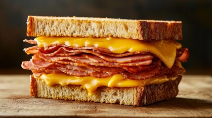 31.A side view of a generously stacked pastrami sandwich on rye bread, with layers of thinly sliced pastrami piled high, melted cheese oozing between the layers, and a smear of mustard adding a