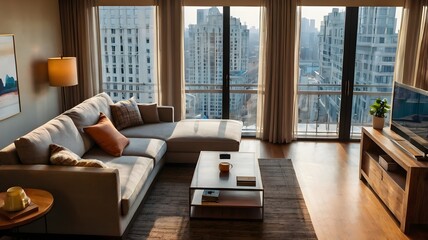 Fototapeta premium Top view of hotel living room interior with couch and shelf, panoramic window.