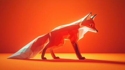 Obraz premium Low Poly Red Fox Orange Background 3D Render Wildlife Art Animal Illustration