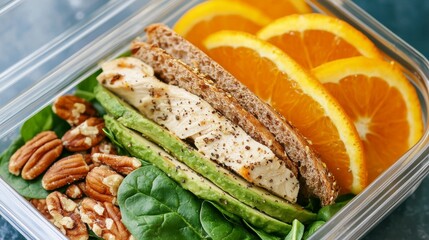 40.A fresh, healthy lunchbox featuring a sandwich made with avocado, grilled chicken, and spinach on whole grain bread, complemented by a side of mixed nuts and fresh orange wedges. The vivid colors