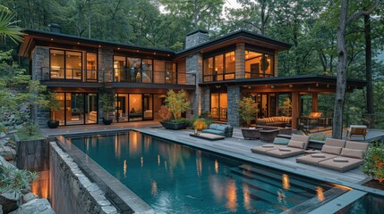 Modern house with infinity pool, stone exterior, and forest views at dusk.