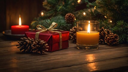 Warm and cozy atmosphere of a Christmas home, fresh green pinecones on top of an elegant table with candlelight, gifts holiday season