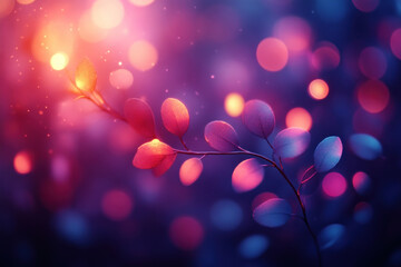 Glowing plant branch with bokeh lights, magical.