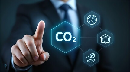 Naklejka premium Businessman in Suit Interacts with Holographic CO2 Interface Showing Global Impact, Green Initiatives, and Smart Home Technology