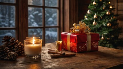 Warm and cozy atmosphere of a Christmas home, fresh green pinecones on top of an elegant table with candlelight, gifts holiday season