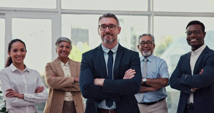 Professional, crossed arms and face of business people in office for about us, company pride and teamwork. Management, corporate and portrait of men and women for collaboration, meeting and career
