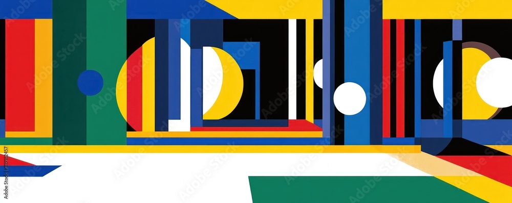 Poster abstract geometric composition with vibrant colors and shapes creating a dynamic visual space.