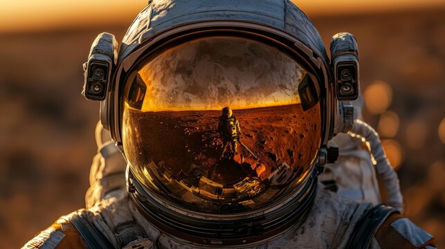 Martian Sunset Astronaut Reflection in Helmet Visor on Mars Exploration