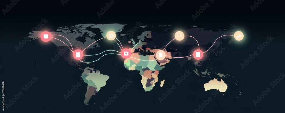 Poster a stylized world map with connections representing global data flow or communication.
