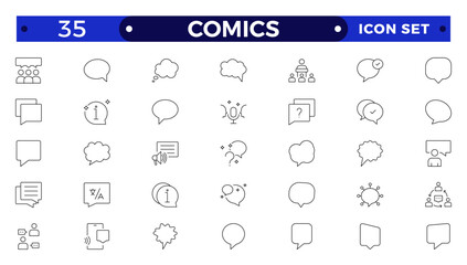  Comics outline icon set. Speech bubble line icon big set. Talk, people, man, user, dialog, chat, cloud etc. Talking, speaking, chatting, screaming, laughing, thinking, dreaming bubbles.