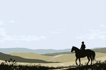 A silhouette of a rider on horseback overlooking rolling hills under a light sky.