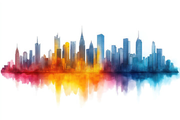 Fototapeta premium Colorful watercolor cityscape with reflection.