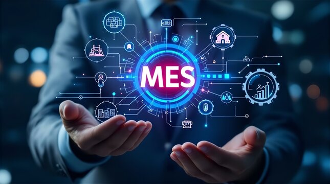 Businessman presenting MES (Manufacturing Execution System) holographic interface showcasing integrated automation, data analysis, and process optimization.