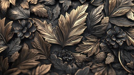 A textured surface featuring intricate bronze leaves and pinecones, capturing nature's elegance in a decorative design.