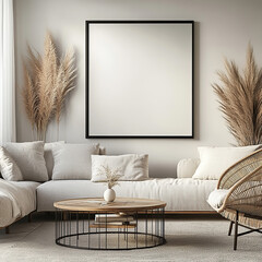 Modern living room, white picture frame, home, sofa, light, simple style