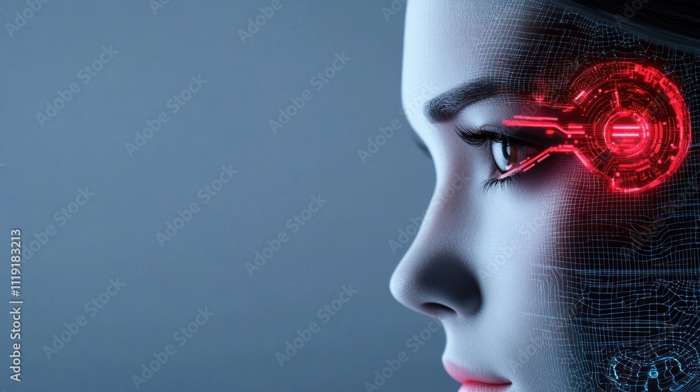 Poster futuristic robotic face with digital elements and glowing features.
