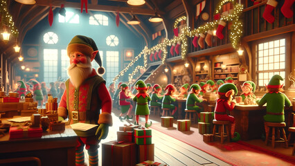 Animated character 3D image of christmas elf sorting office, busy, christmas, presents, happy, excited
