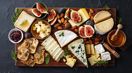 Top view flat lay of various kinds of cheese on the table with copy space. Dairy product variety food ingredient background.
