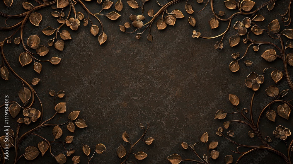 Poster a dark, textured background adorned with intricate bronze leaves and vines, creating a sophisticated