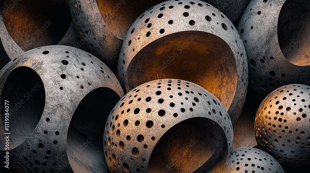 Poster abstract design of spherical forms with perforations in an artistic arrangement