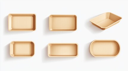 80.A minimalist vector illustration of a blank, empty paper tray for fast food, shown from a variety of perspectives. The tray has gently sloped sides and a flat bottom, designed to hold items like