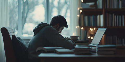 Person Working on Laptop in a Cozy Study Room