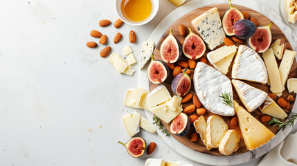 Top view flat lay of various kinds of cheese on the table with copy space. Dairy product variety food ingredient background.