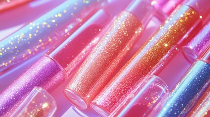 Lip gloss tubes with sparkling pigments placed in an artistic pattern