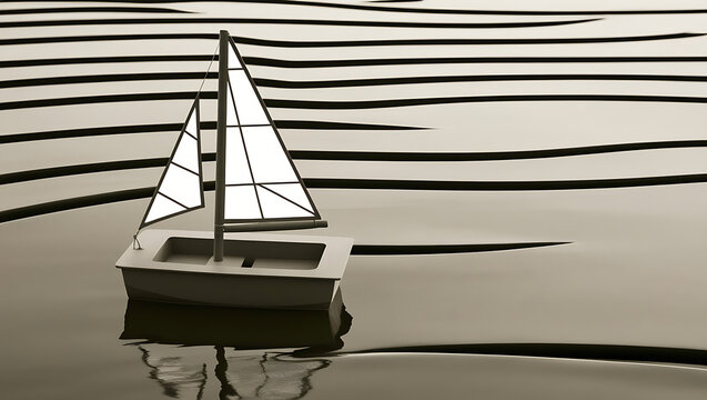 A lone sailboat depicted with a triangular sail and rectangular base, floating on a series of parallel wavy lines representing water, all in a muted monochromatic palette.

