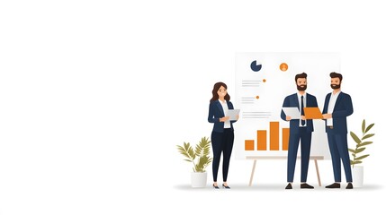 Positive business team gathered near a project board with vibrant visuals, full body wide angle