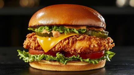 103.A close-up of a crispy chicken burger with layers of fresh lettuce, ripe tomato slices, and melted cheese stacked between a soft, golden bun. The crispy chicken fillet is perfectly fried, with a