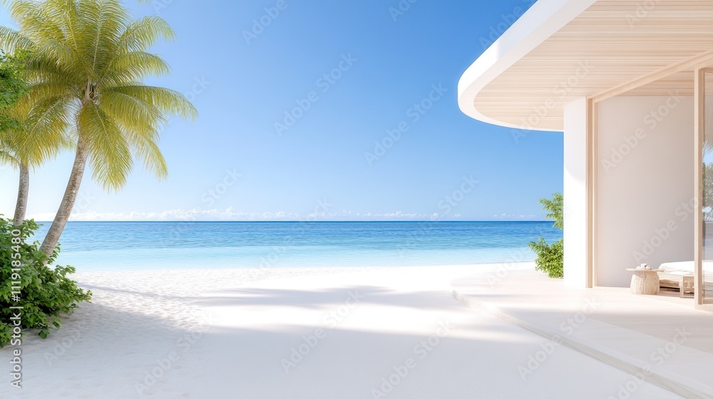 Poster Serene beach view with palm trees and modern architecture.