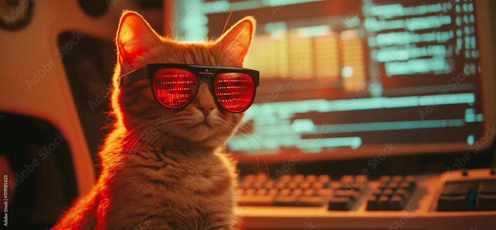 Poster cool cat wearing red sunglasses sits near computer screen with code.