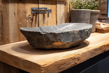 Rustic stone sink on wood countertop; faucet visible. Perfect for bathroom, spa, or rustic designs; evokes natural beauty and tranquility.
