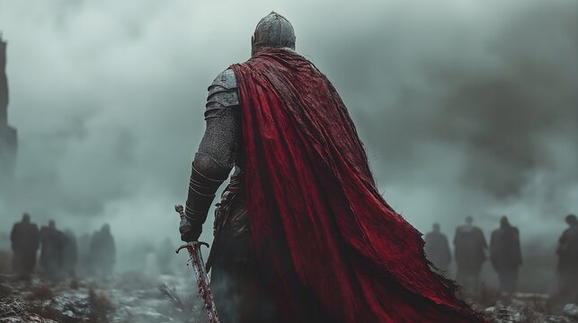 Knight With A Sword Walking On The Battlefield. Illustration On The Theme Of History And Wars, Horror And Battles.  Generative AI