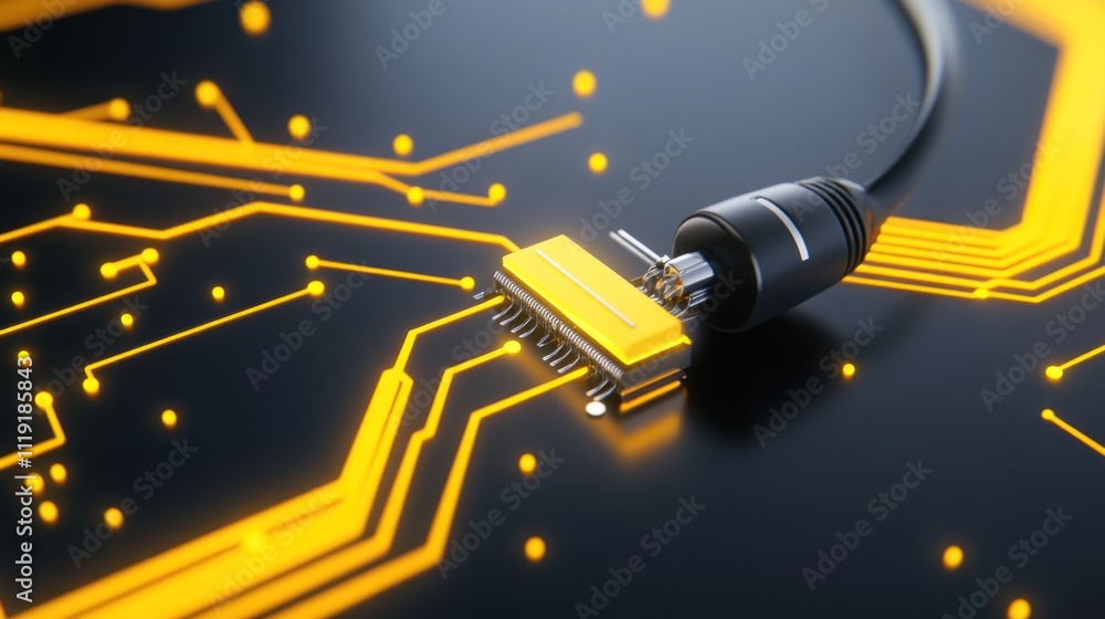Aufkleber close-up of a connector on a circuit board with glowing lines.