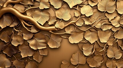A golden, textured wall art featuring intricately designed leaves and branches, creating a warm, elegant atmosphere.